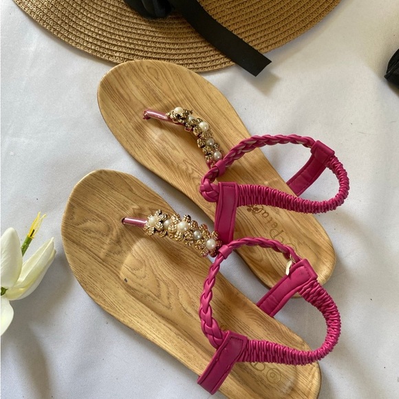 Pink petalia summer slip on garder sandals tan pink size 6 flat - Picture 3 of 5